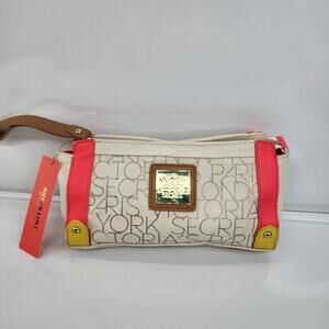 NWT Victoria’s Secret Canvas Cosmetic Bag NY Paris London Tan Pink Zip 8x5